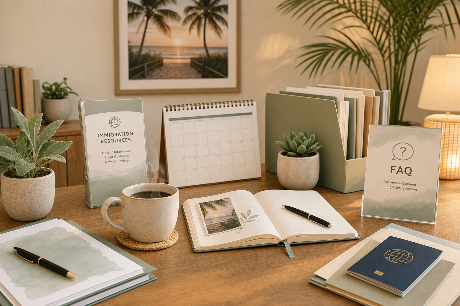 Immigration resources and planning materials on a warm office desk